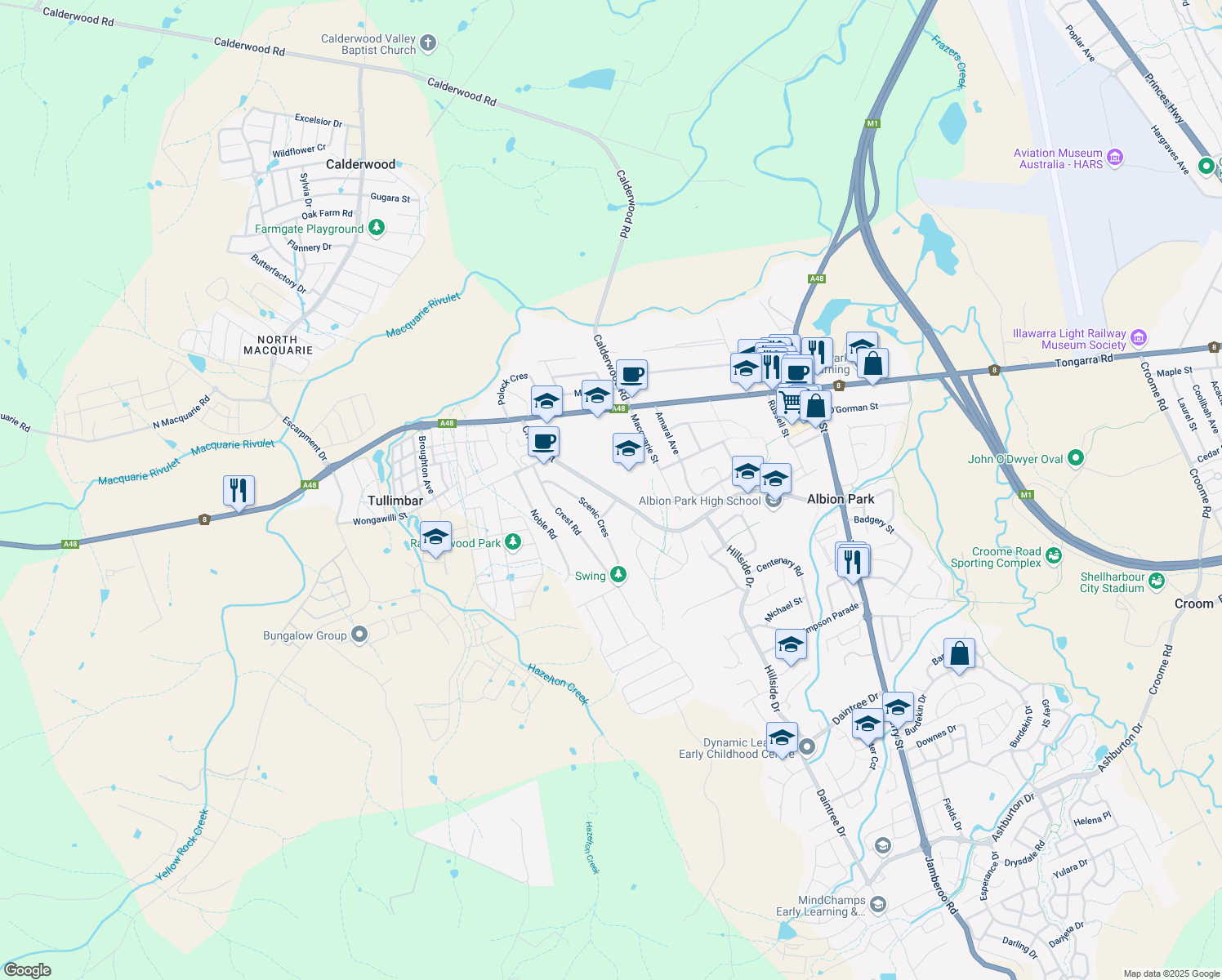 map of restaurants, bars, coffee shops, grocery stores, and more near 61 Church Street in Albion Park