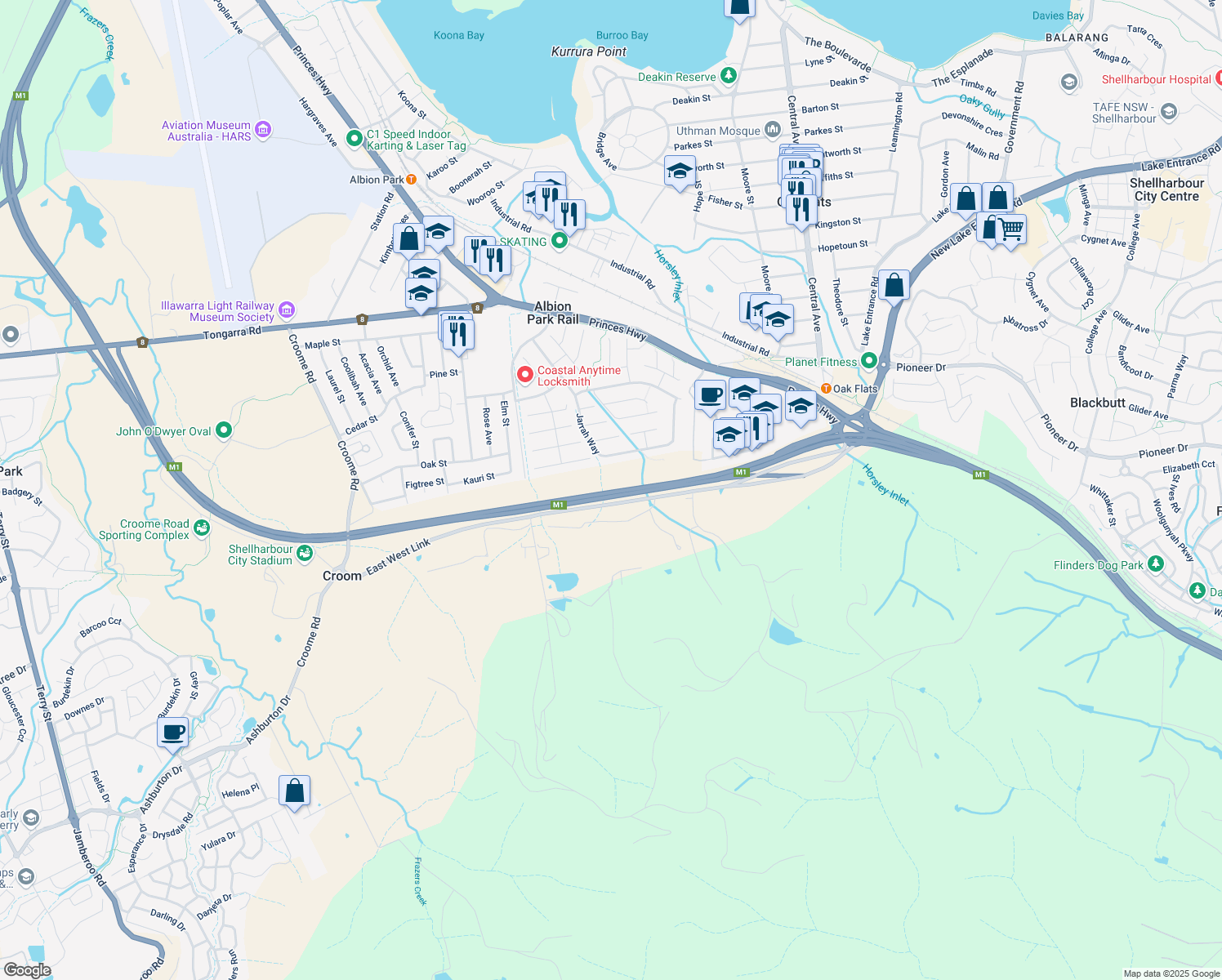 map of restaurants, bars, coffee shops, grocery stores, and more near East West Link in Albion Park Rail