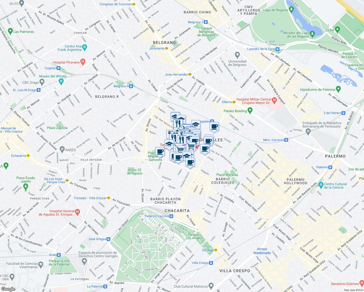 map of restaurants, bars, coffee shops, grocery stores, and more near 3229 Céspedes in Comuna 13