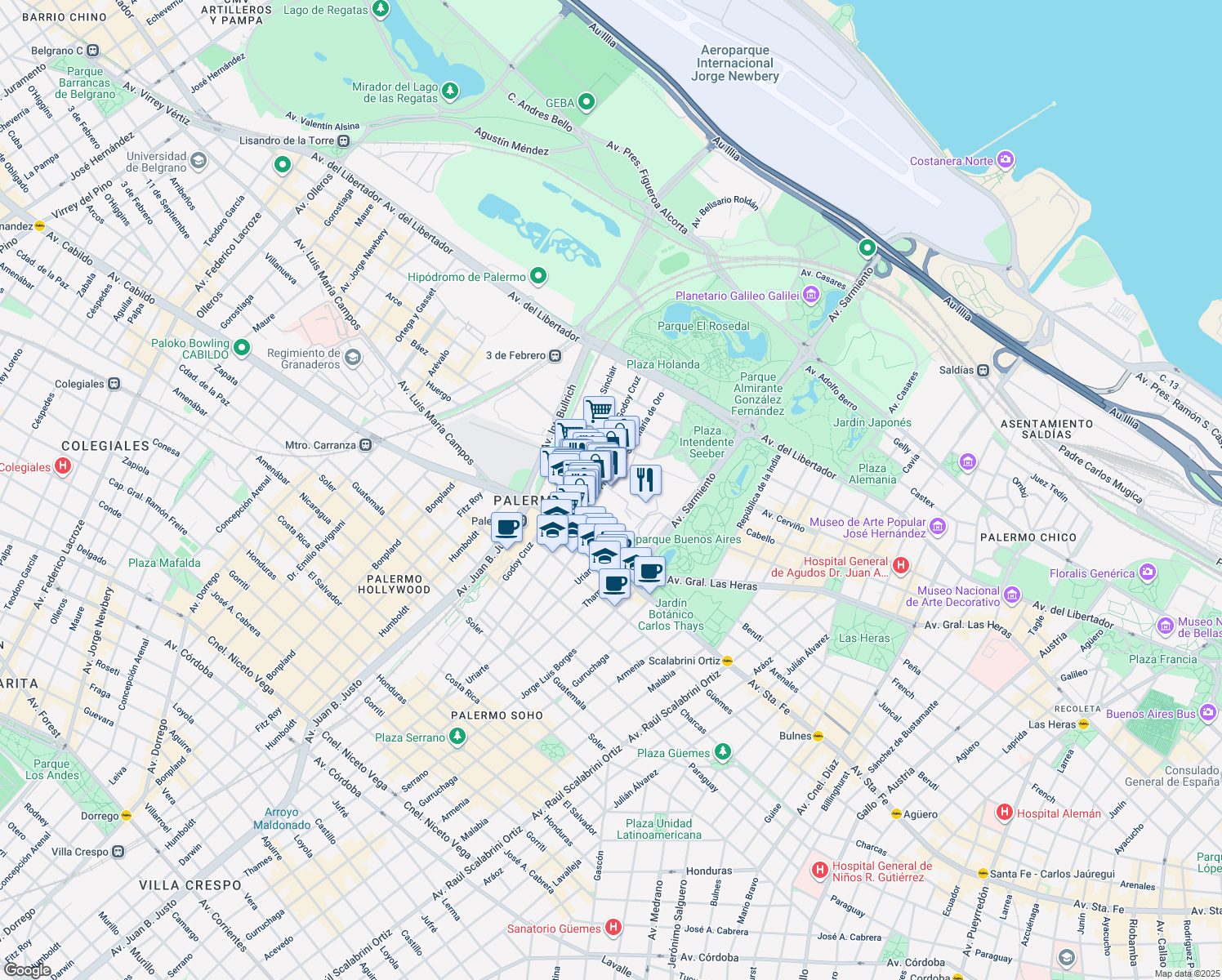 map of restaurants, bars, coffee shops, grocery stores, and more near 4450 Juncal in Comuna 14