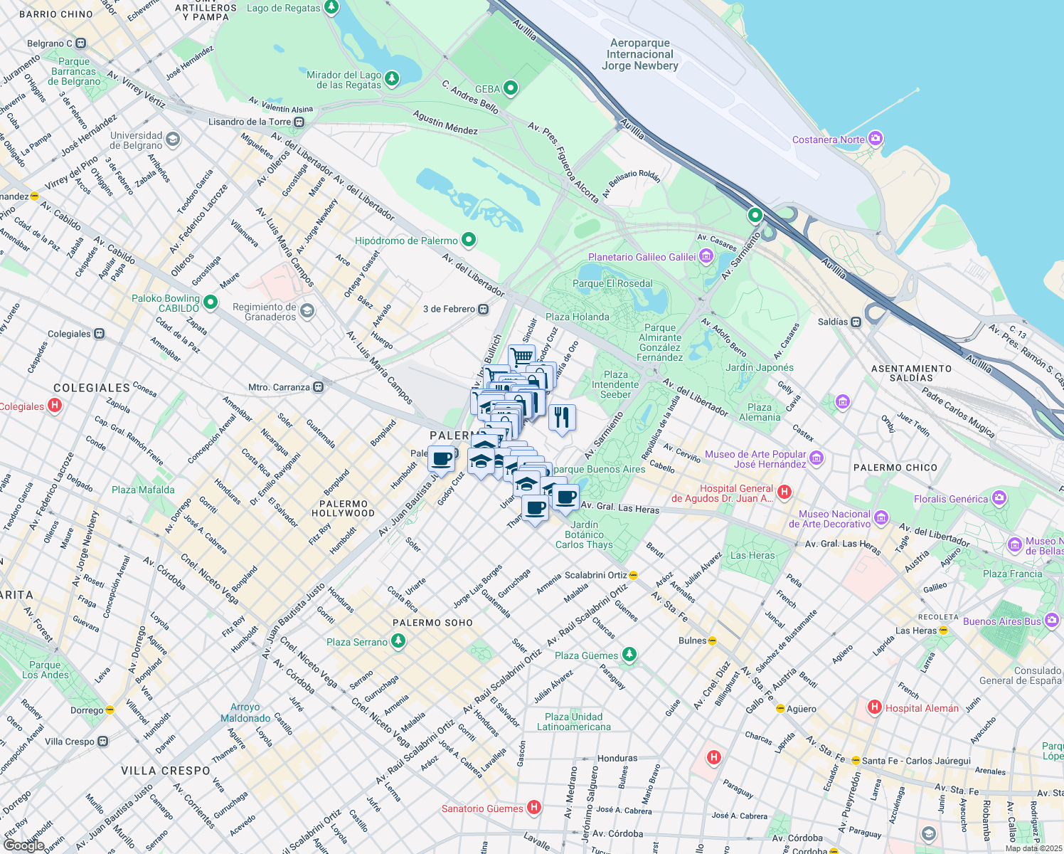 map of restaurants, bars, coffee shops, grocery stores, and more near 4450 Juncal in Comuna 14