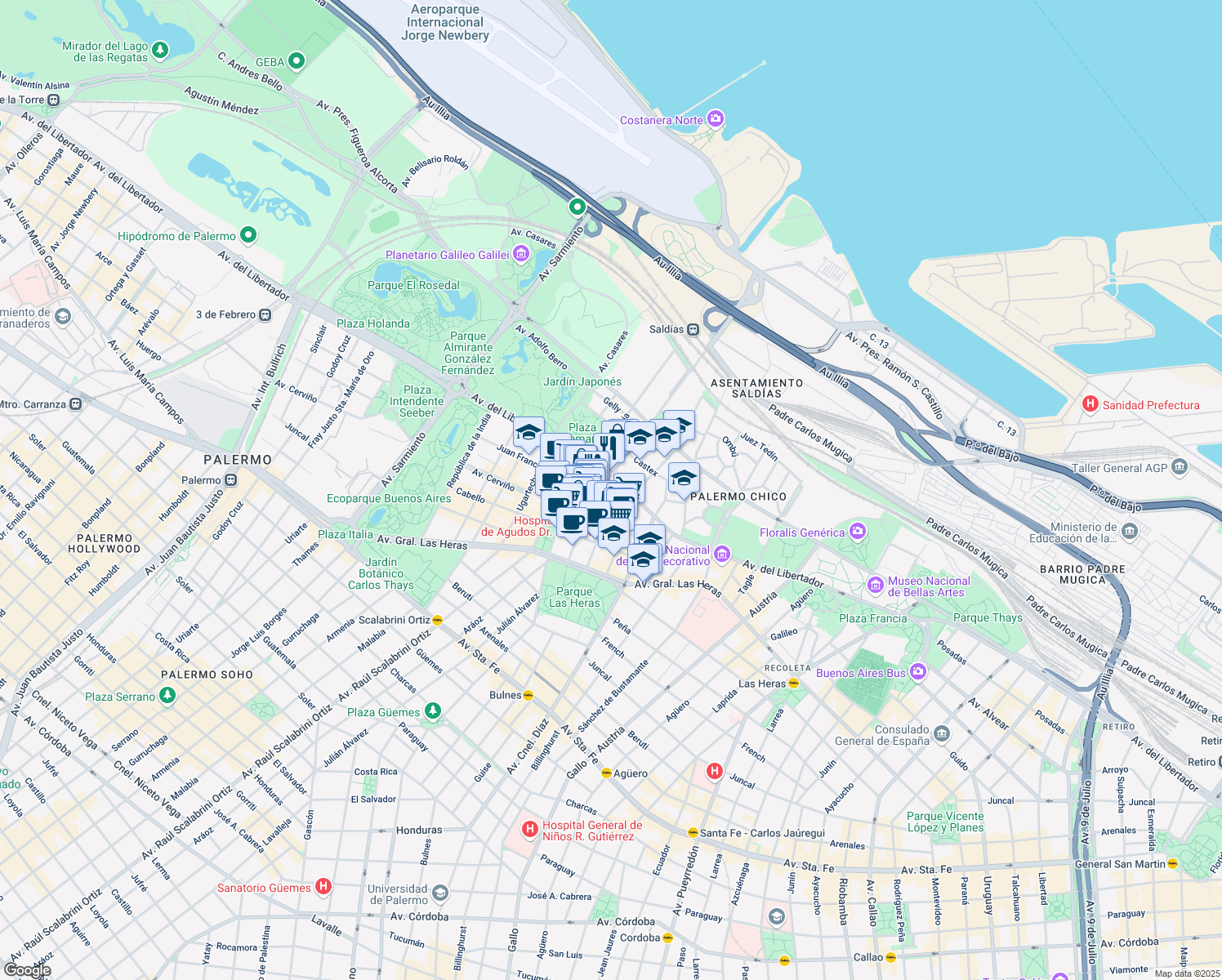 map of restaurants, bars, coffee shops, grocery stores, and more near 2568 Avenida del Libertador in Buenos Aires