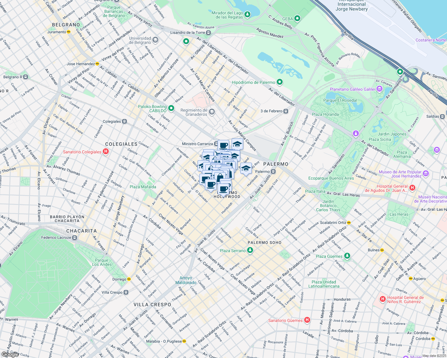 map of restaurants, bars, coffee shops, grocery stores, and more near 5730 Soler in Buenos Aires