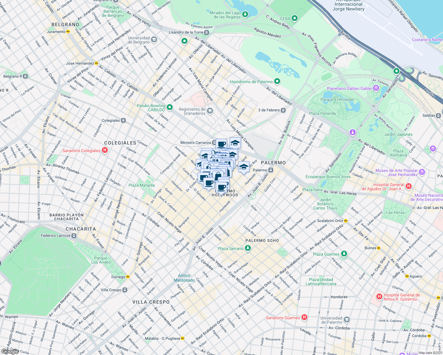 map of restaurants, bars, coffee shops, grocery stores, and more near 5730 Soler in Buenos Aires