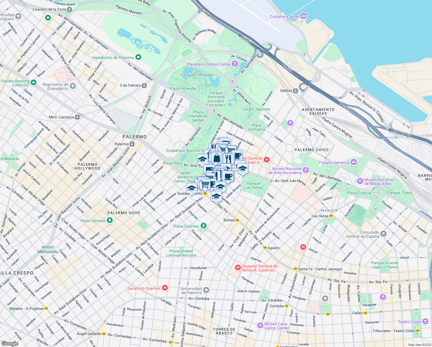 map of restaurants, bars, coffee shops, grocery stores, and more near 4790 Juncal in Comuna 14