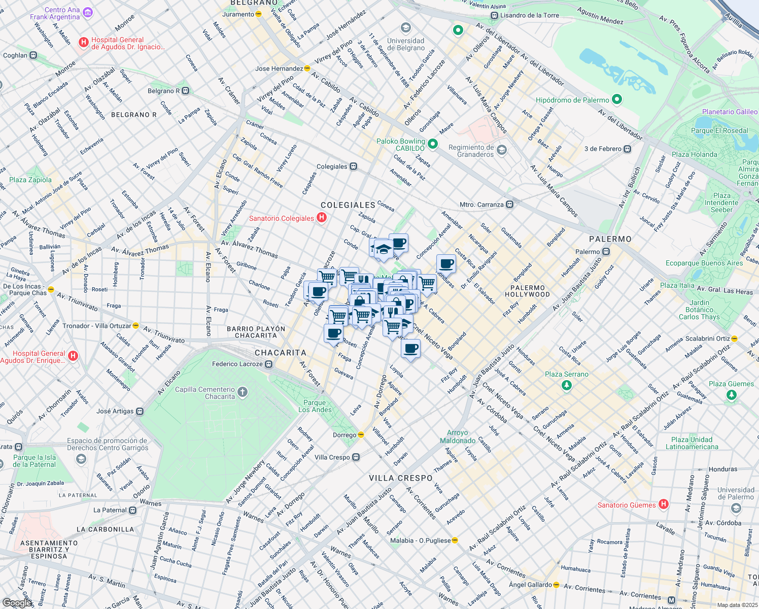 map of restaurants, bars, coffee shops, grocery stores, and more near 148 Avenida Álvarez Thomas in Comuna 15