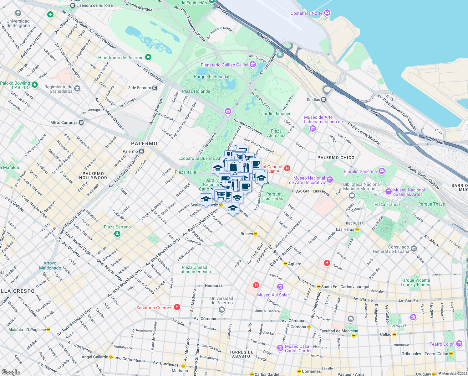 map of restaurants, bars, coffee shops, grocery stores, and more near 4790 Juncal in Comuna 14