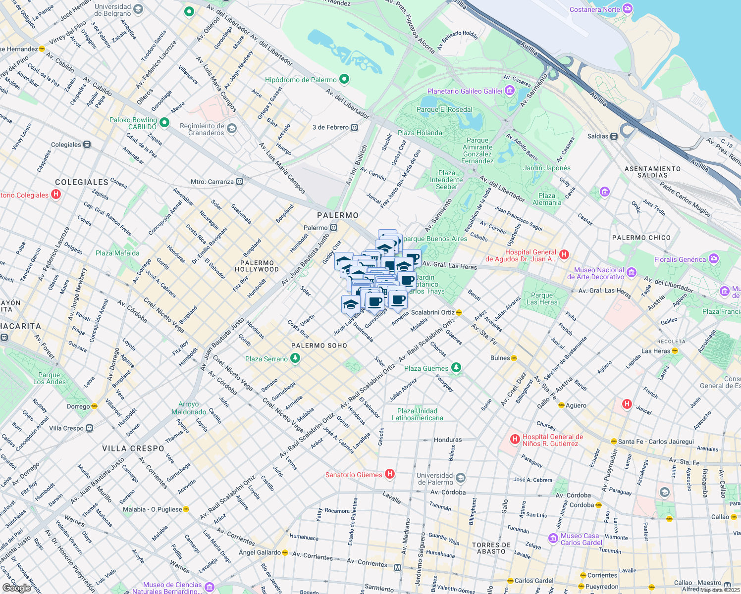 map of restaurants, bars, coffee shops, grocery stores, and more near 2260 Jorge Luis Borges in Comuna 14