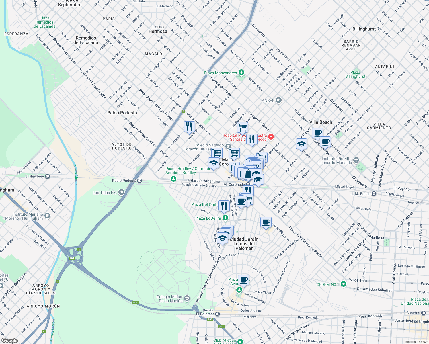 map of restaurants, bars, coffee shops, grocery stores, and more near 7216 Las Malvinas in Martín Coronado