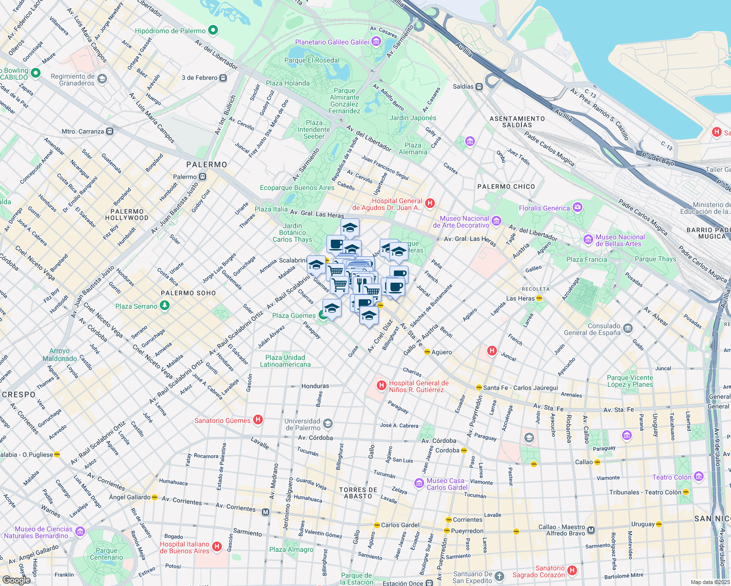 map of restaurants, bars, coffee shops, grocery stores, and more near 3365 Avenida Santa Fe in Buenos Aires