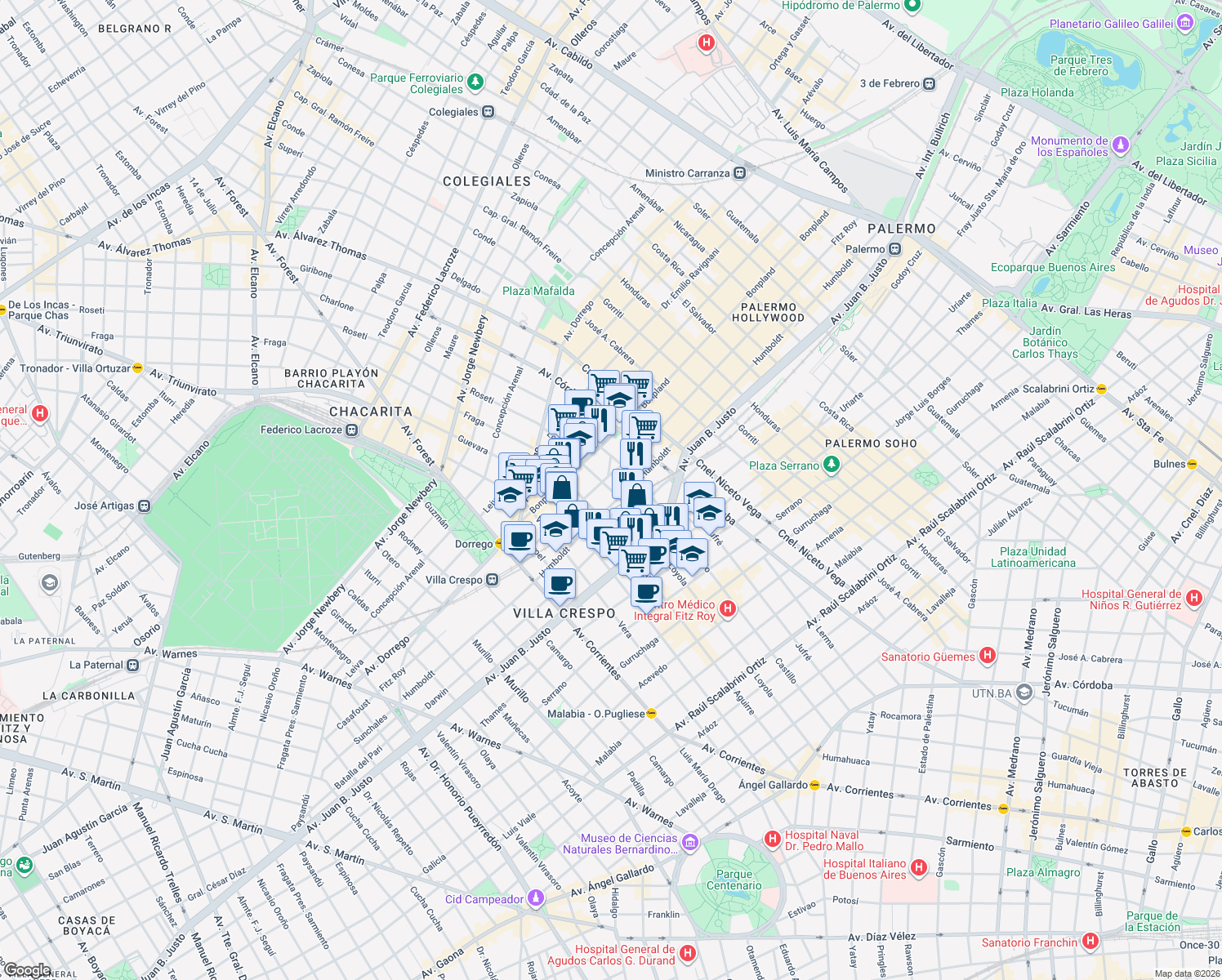 map of restaurants, bars, coffee shops, grocery stores, and more near 1350 Loyola in Buenos Aires