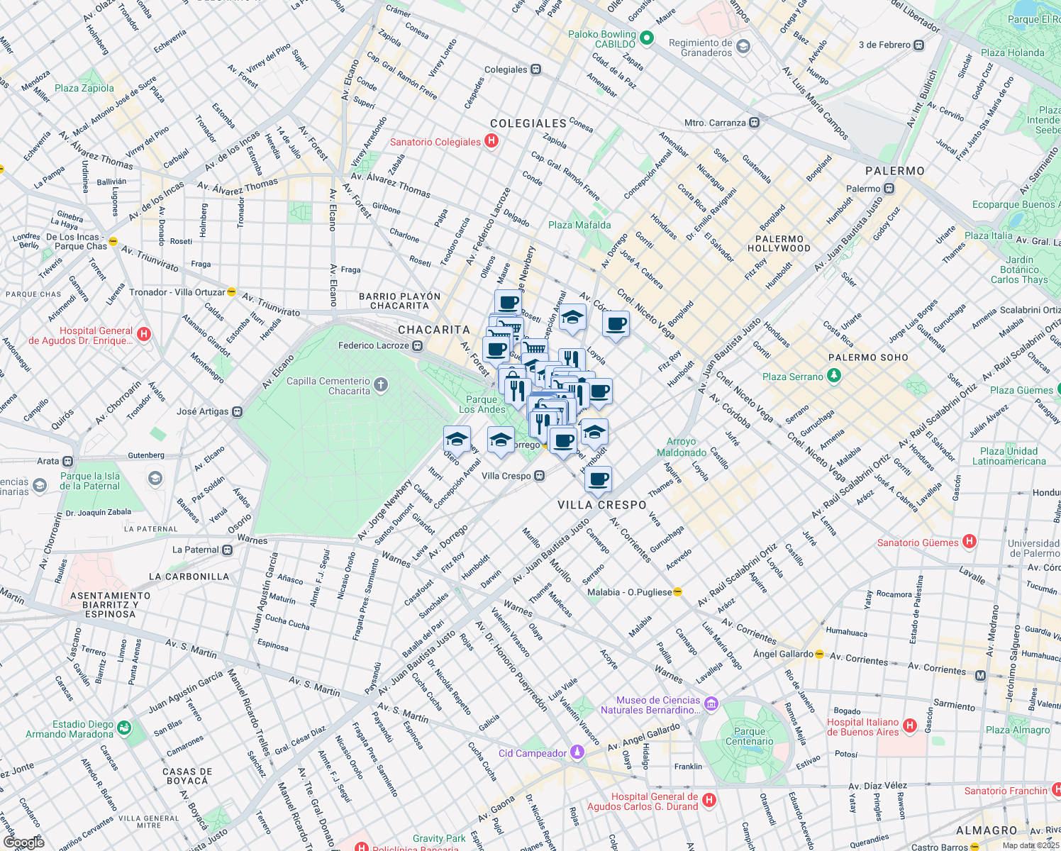 map of restaurants, bars, coffee shops, grocery stores, and more near 6287 Avenida Corrientes in BPA