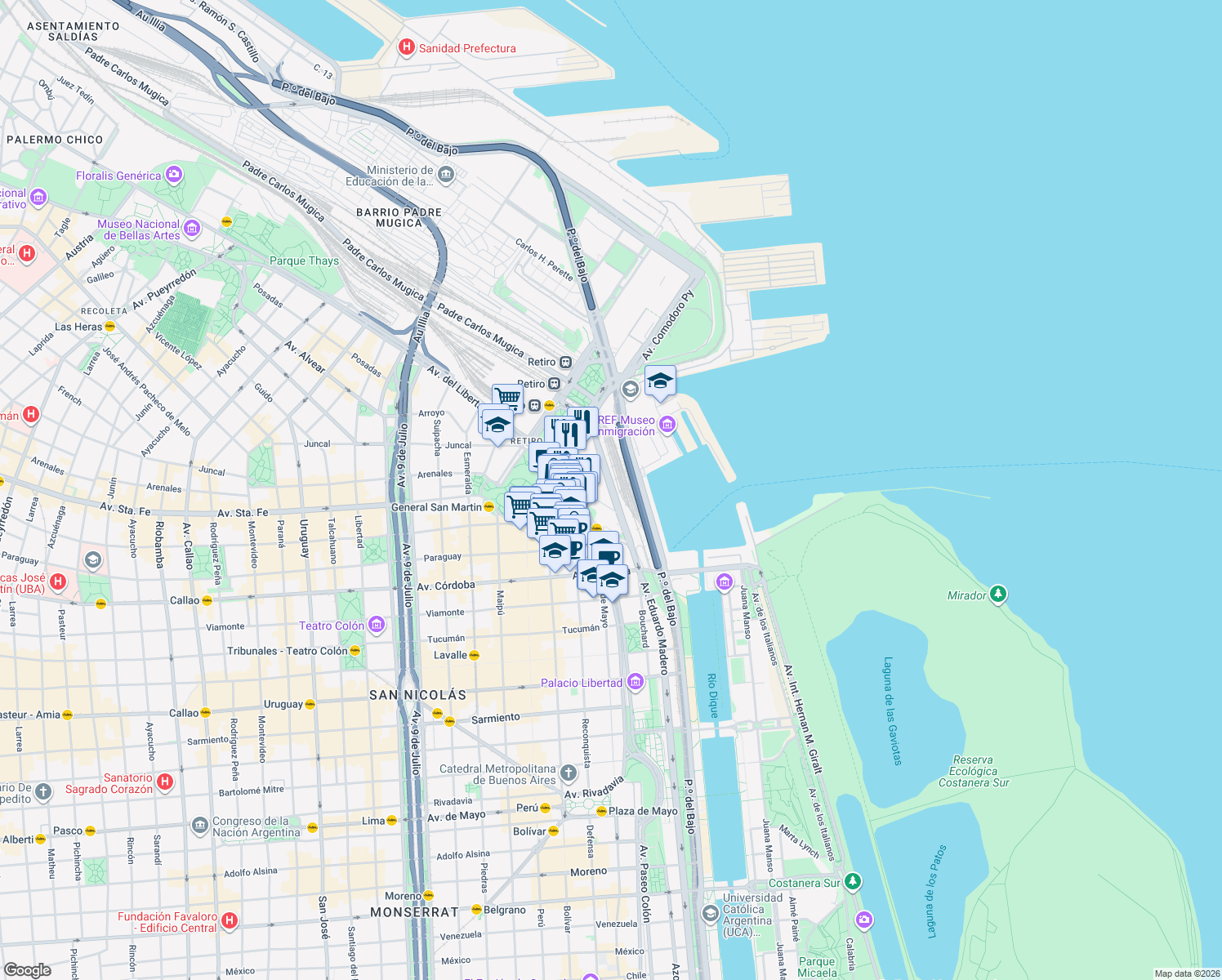 map of restaurants, bars, coffee shops, grocery stores, and more near 1150 Avenida Eduardo Madero in Buenos Aires