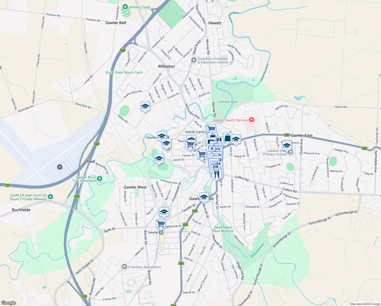 map of restaurants, bars, coffee shops, grocery stores, and more near in Gawler