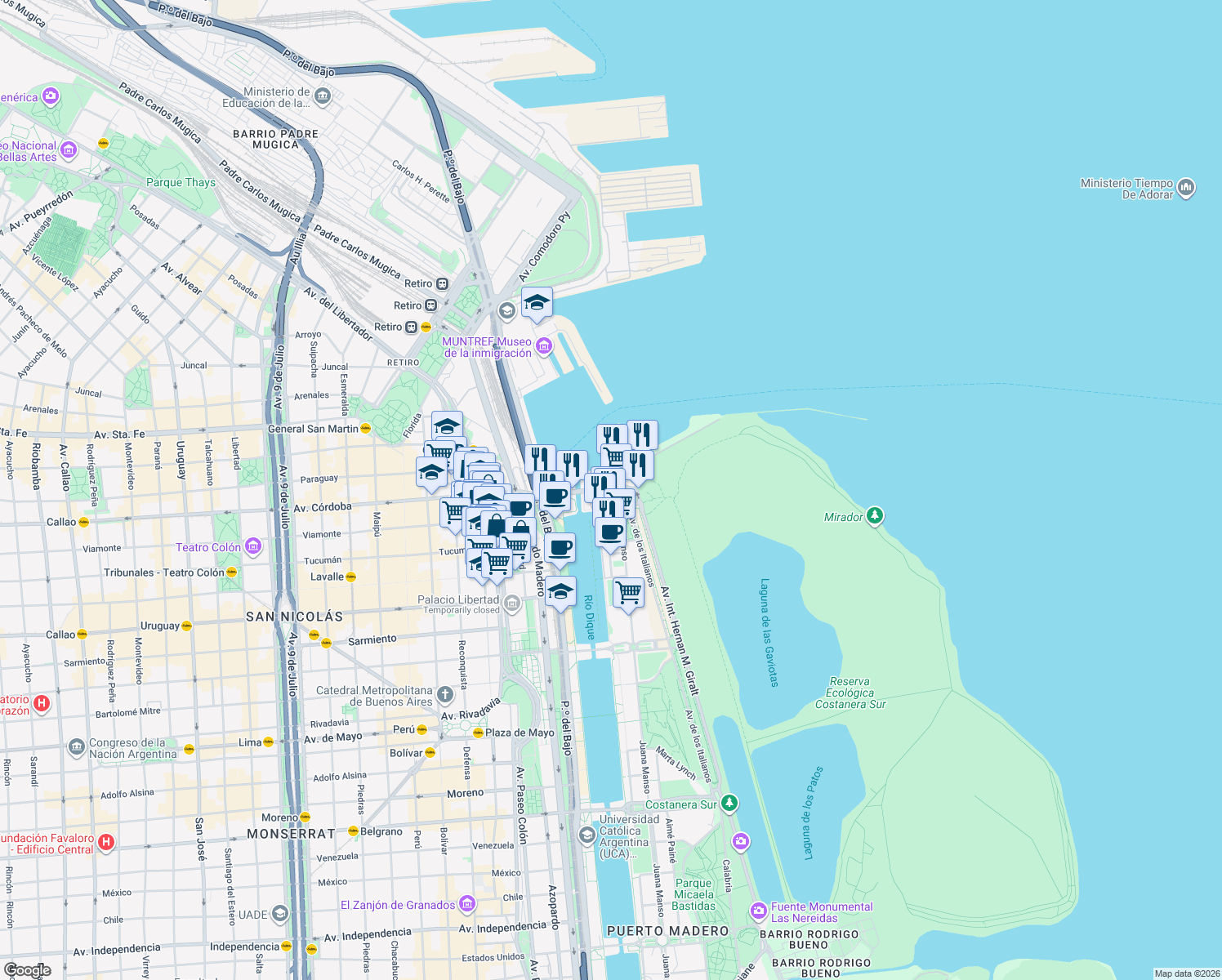 map of restaurants, bars, coffee shops, grocery stores, and more near 355 Cecilia Grierson in Comuna 1