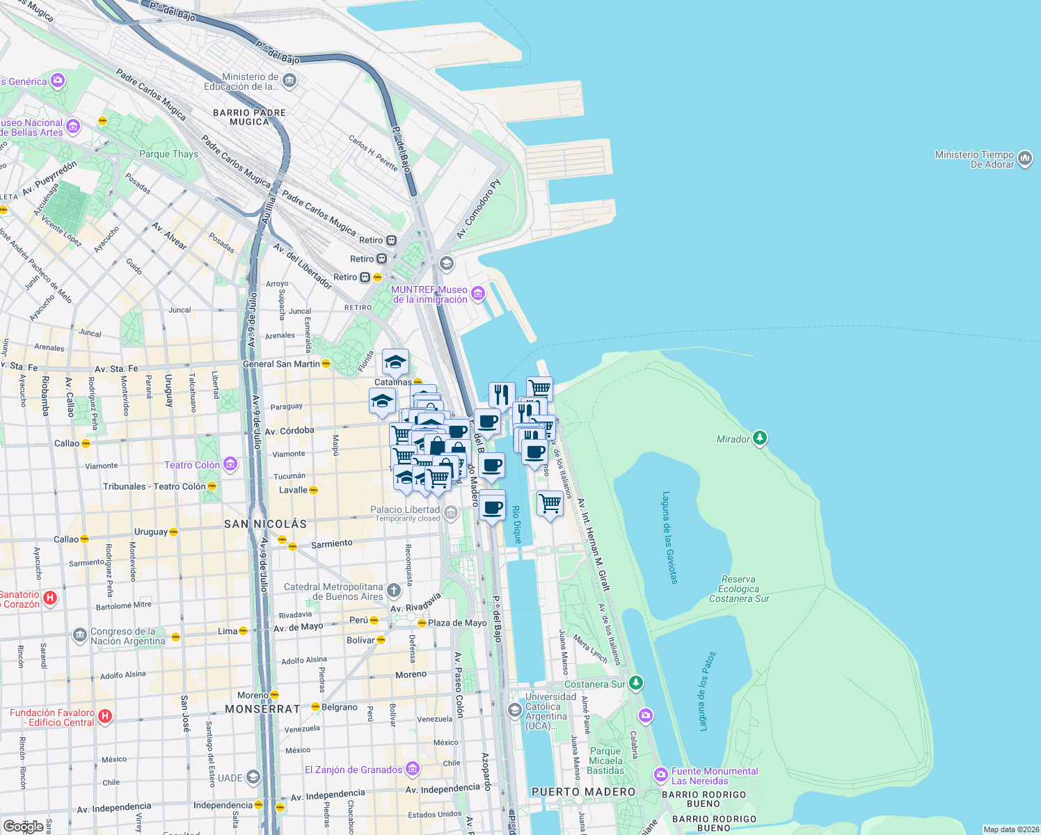 map of restaurants, bars, coffee shops, grocery stores, and more near 255 Cecilia Grierson in Comuna 1