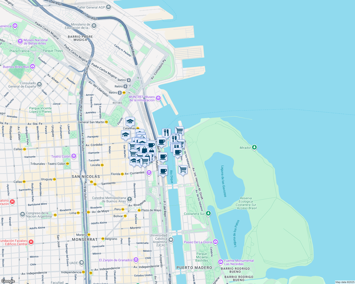 map of restaurants, bars, coffee shops, grocery stores, and more near 355 Cecilia Grierson in Comuna 1