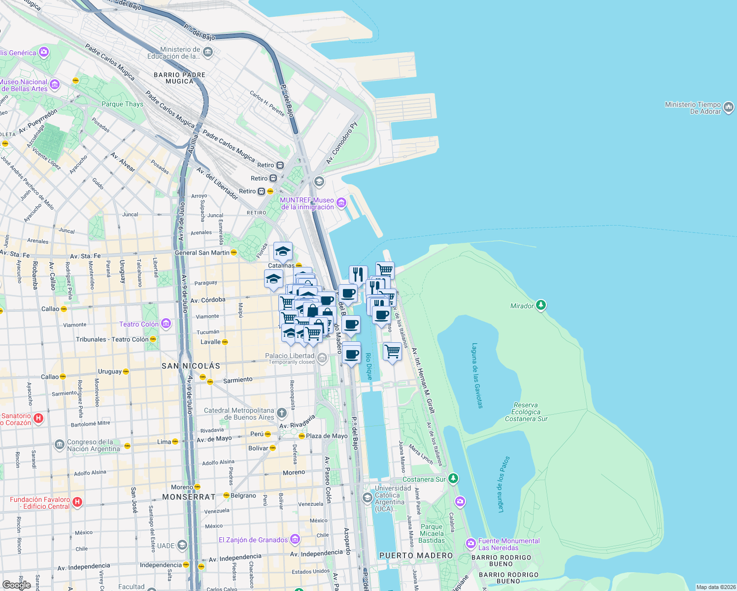 map of restaurants, bars, coffee shops, grocery stores, and more near 255 Cecilia Grierson in Comuna 1