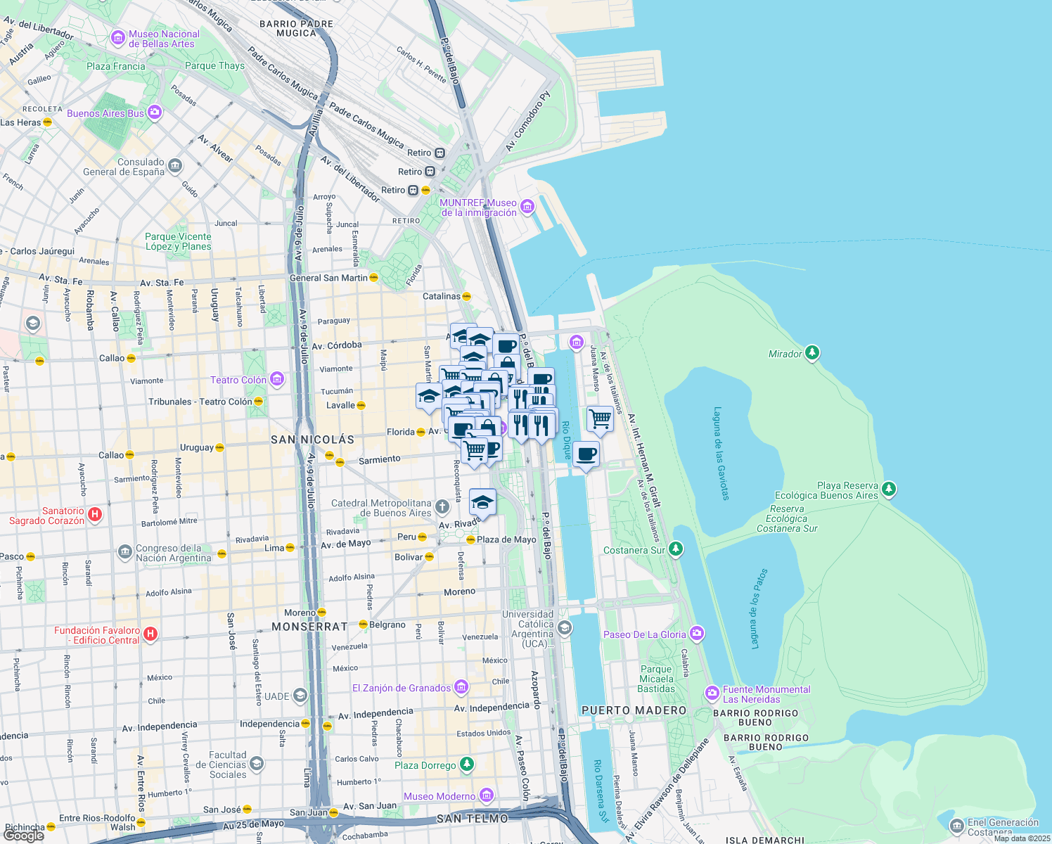 map of restaurants, bars, coffee shops, grocery stores, and more near 401 Avenida Eduardo Madero in Buenos Aires