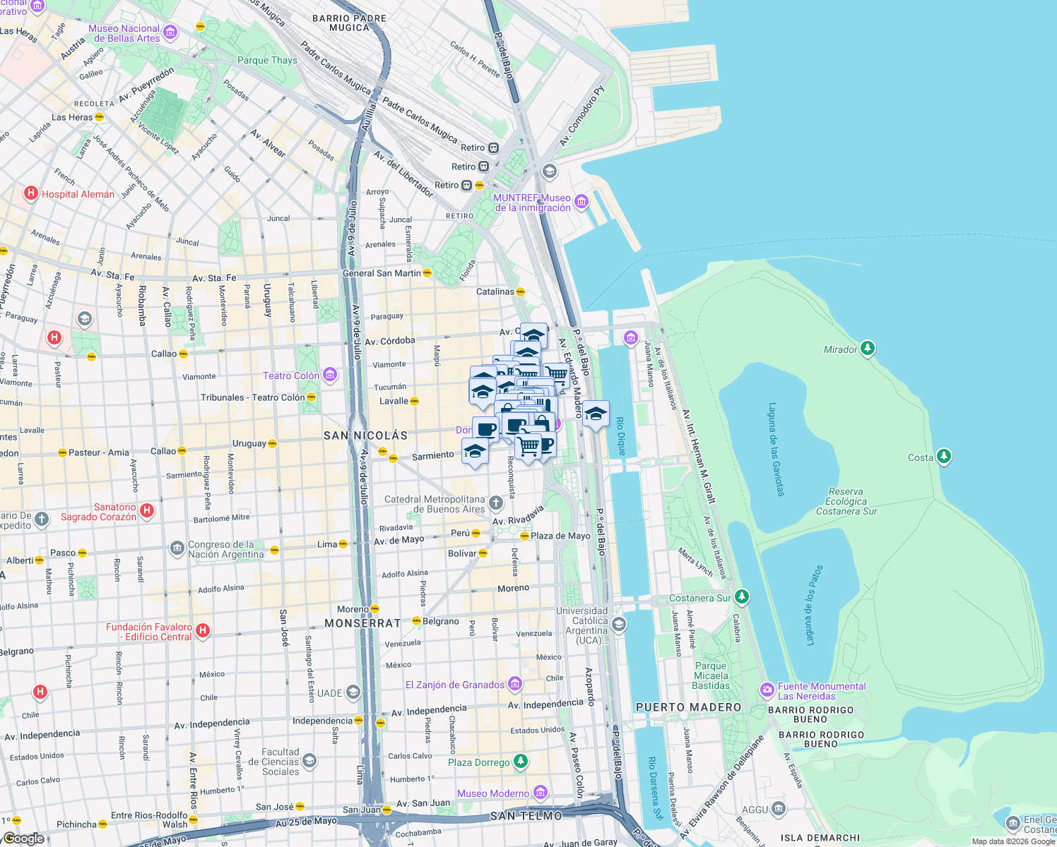 map of restaurants, bars, coffee shops, grocery stores, and more near 316 Avenida Corrientes in Comuna 1