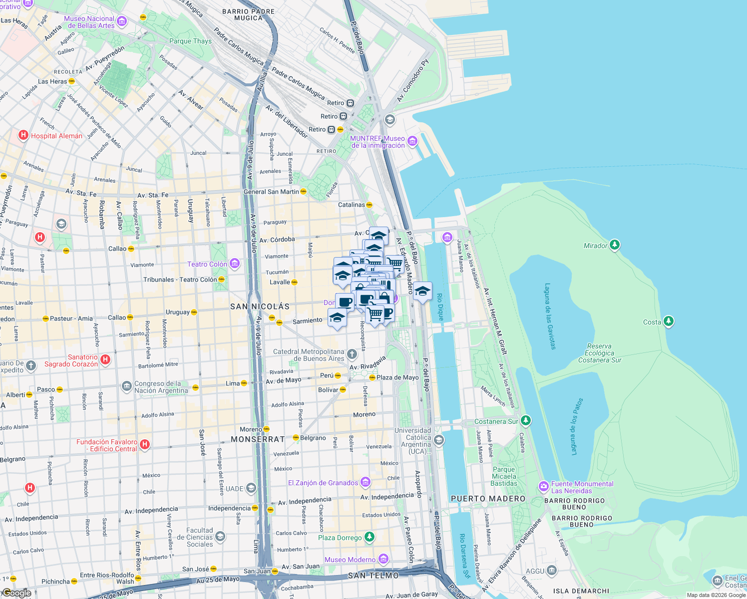 map of restaurants, bars, coffee shops, grocery stores, and more near 316 Avenida Corrientes in Comuna 1