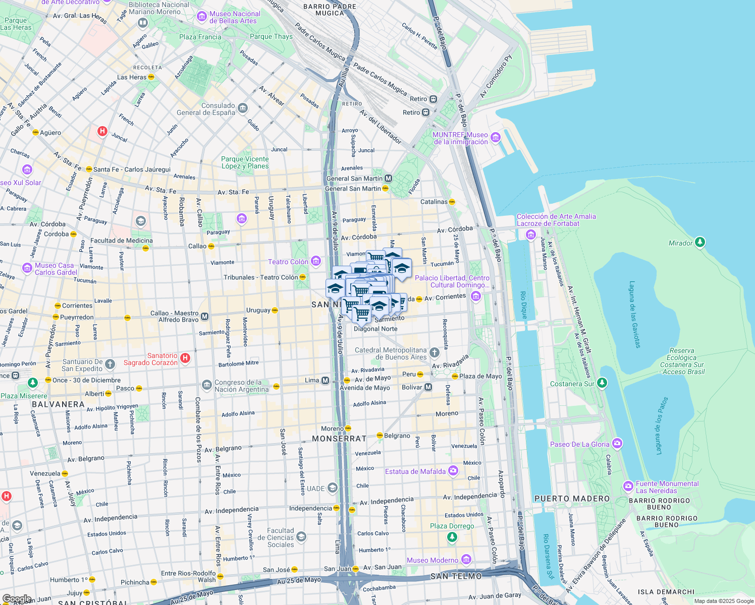 map of restaurants, bars, coffee shops, grocery stores, and more near 800 Avenida Corrientes in Comuna 1