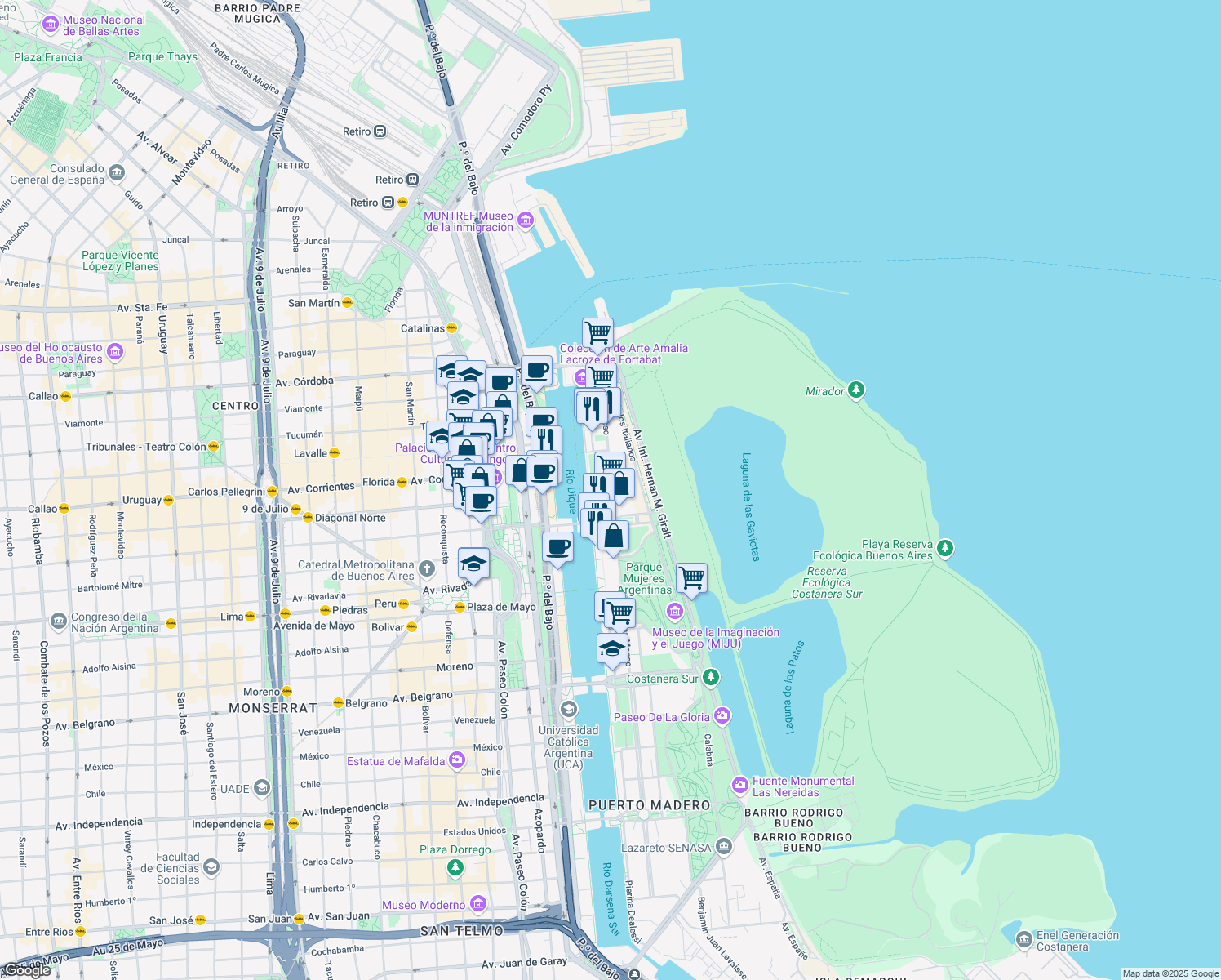 map of restaurants, bars, coffee shops, grocery stores, and more near 555 Juana Manso in Buenos Aires