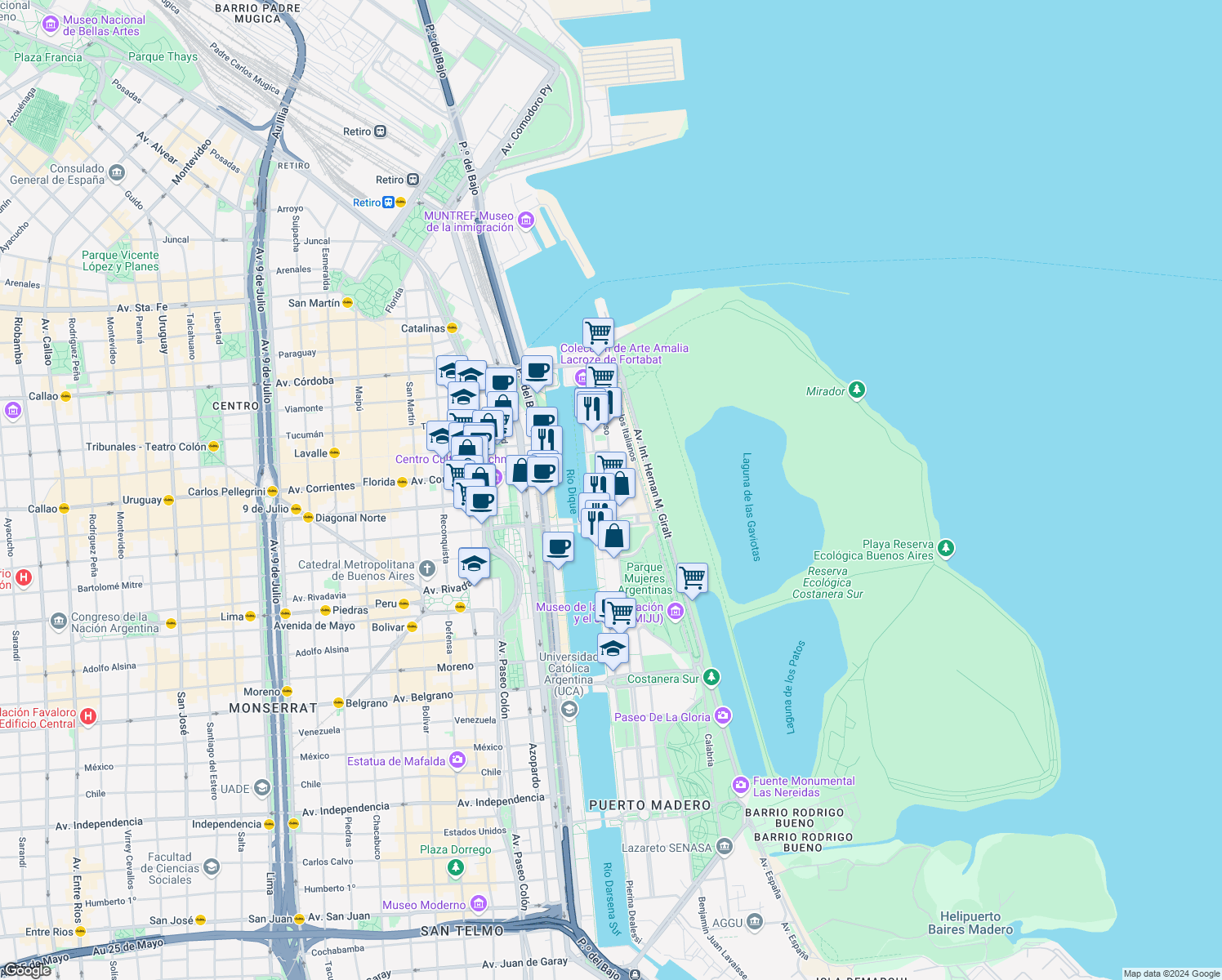map of restaurants, bars, coffee shops, grocery stores, and more near 555 Juana Manso in Buenos Aires