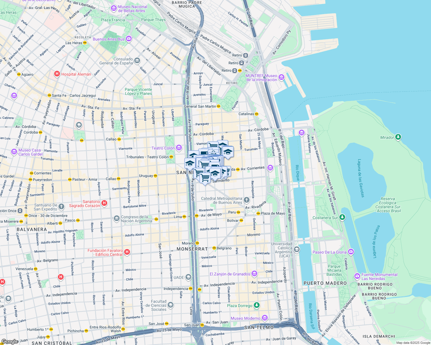 map of restaurants, bars, coffee shops, grocery stores, and more near 800 Avenida Corrientes in Comuna 1