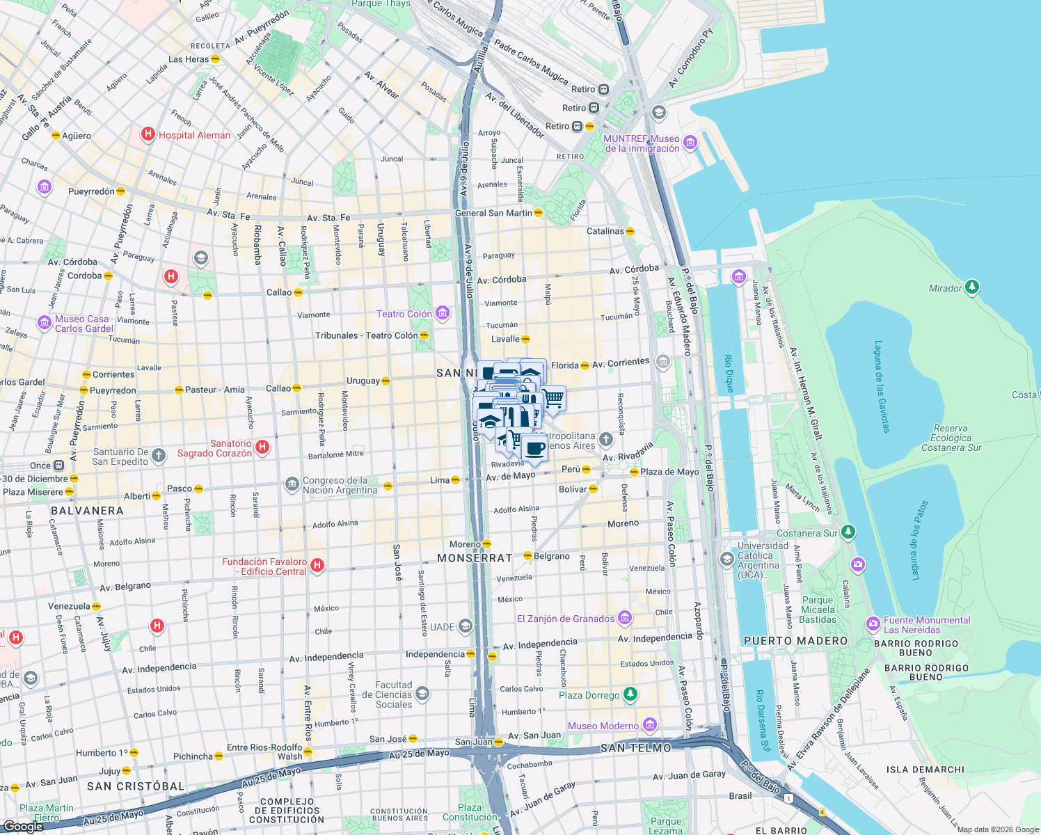 map of restaurants, bars, coffee shops, grocery stores, and more near 830 Teniente General Juan Domingo Perón in San Nicolas