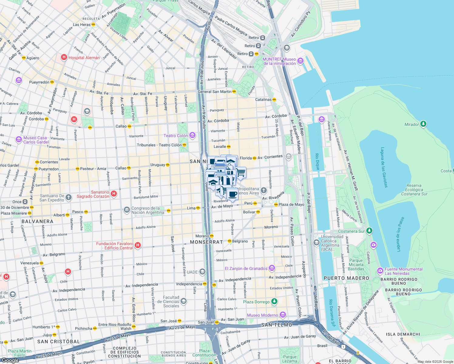 map of restaurants, bars, coffee shops, grocery stores, and more near 830 Teniente General Juan Domingo Perón in San Nicolas