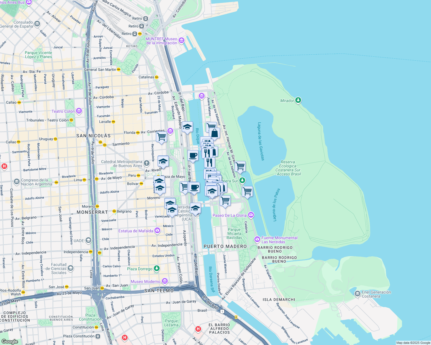 map of restaurants, bars, coffee shops, grocery stores, and more near 909 Juana Manso in Buenos Aires