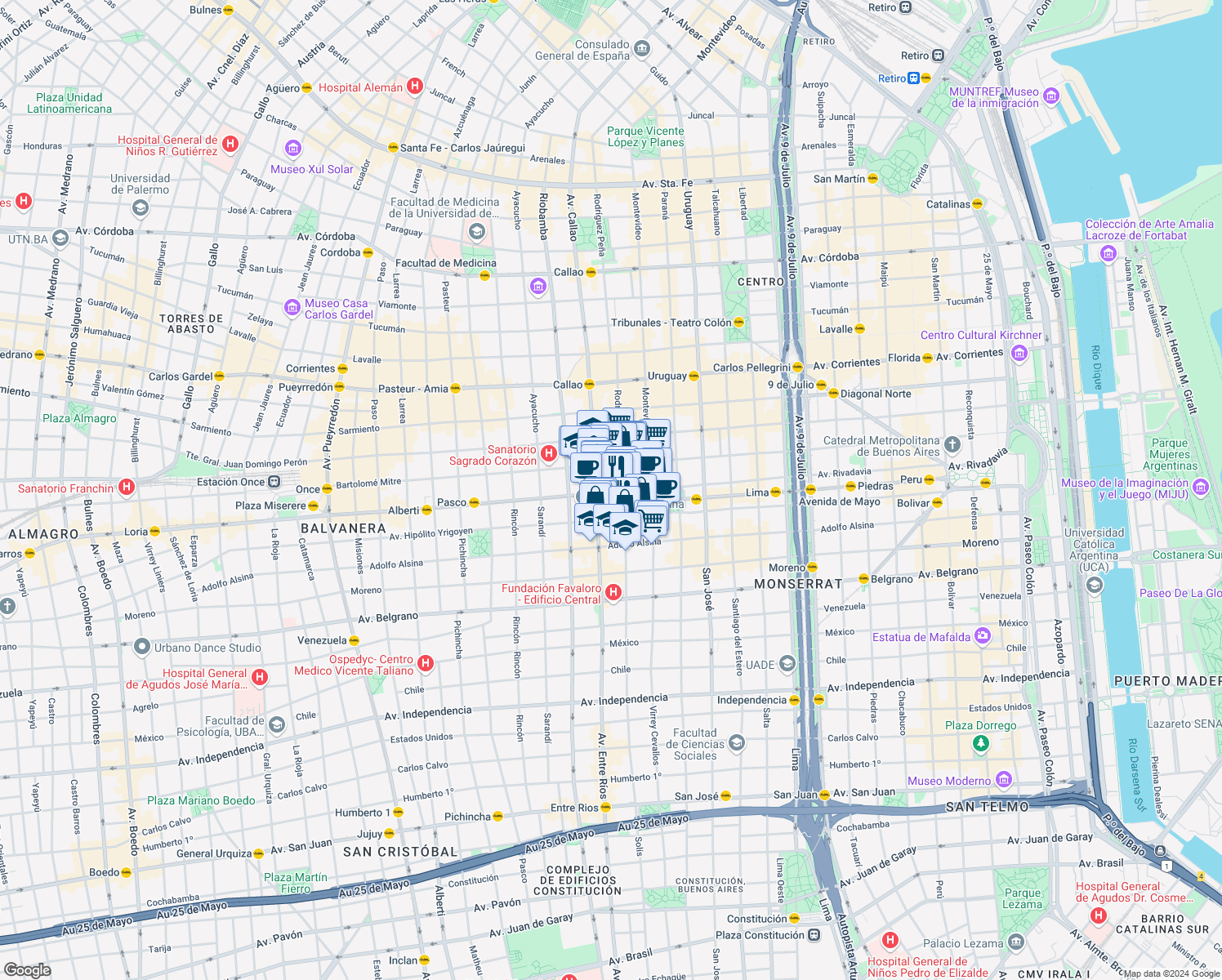 map of restaurants, bars, coffee shops, grocery stores, and more near 1745 Avenida Rivadavia in AAH