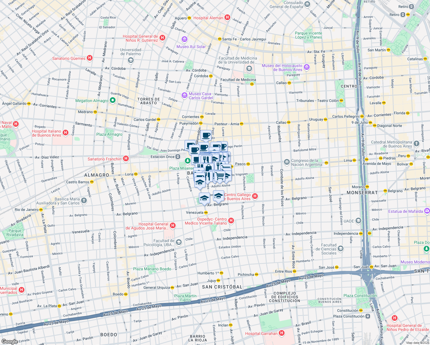 map of restaurants, bars, coffee shops, grocery stores, and more near 57 Saavedra in Comuna 3