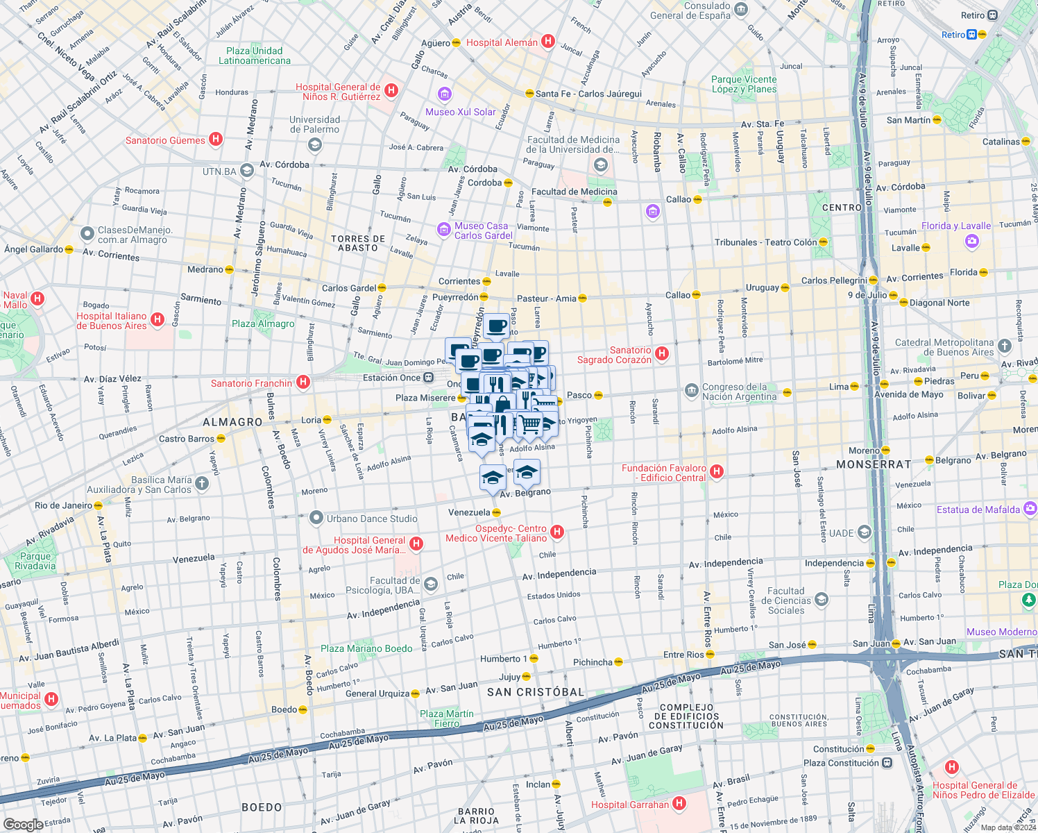 map of restaurants, bars, coffee shops, grocery stores, and more near 57 Saavedra in Comuna 3