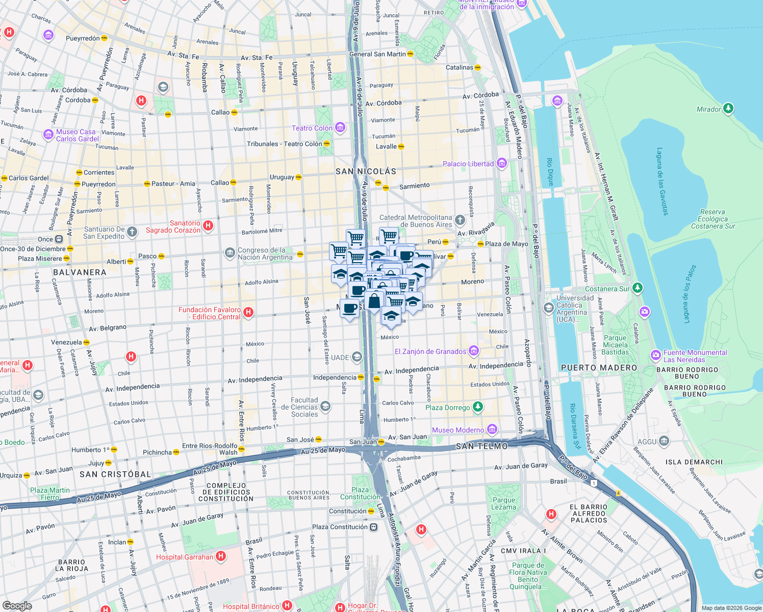 map of restaurants, bars, coffee shops, grocery stores, and more near 955 Avenida Belgrano in Comuna 1