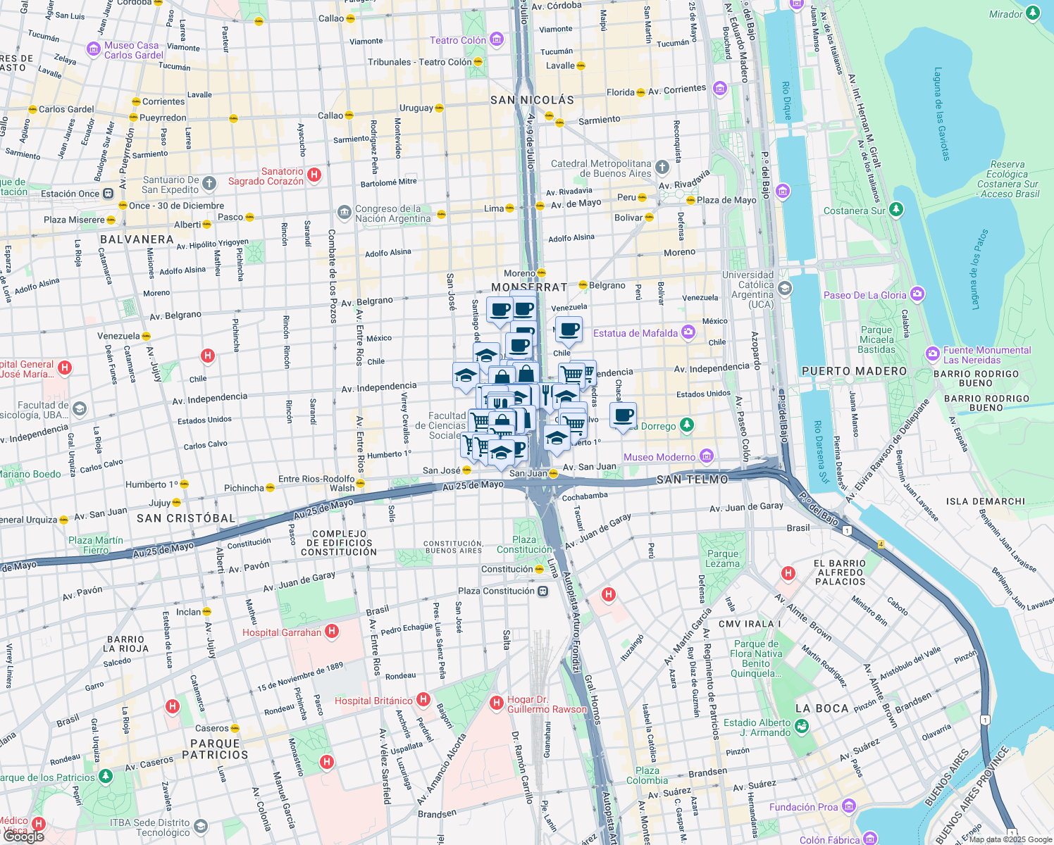 map of restaurants, bars, coffee shops, grocery stores, and more near 1007 Lima in Buenos Aires