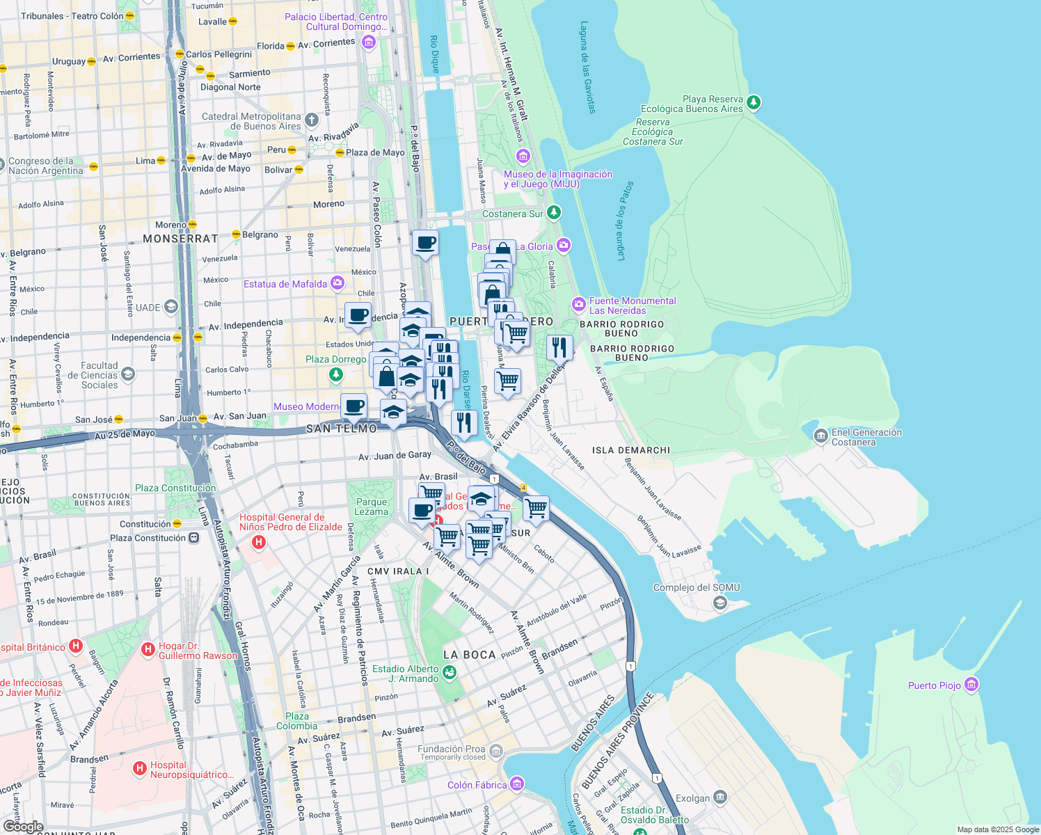 map of restaurants, bars, coffee shops, grocery stores, and more near Avenida Elvira Rawson de Dellepiane in Buenos Aires