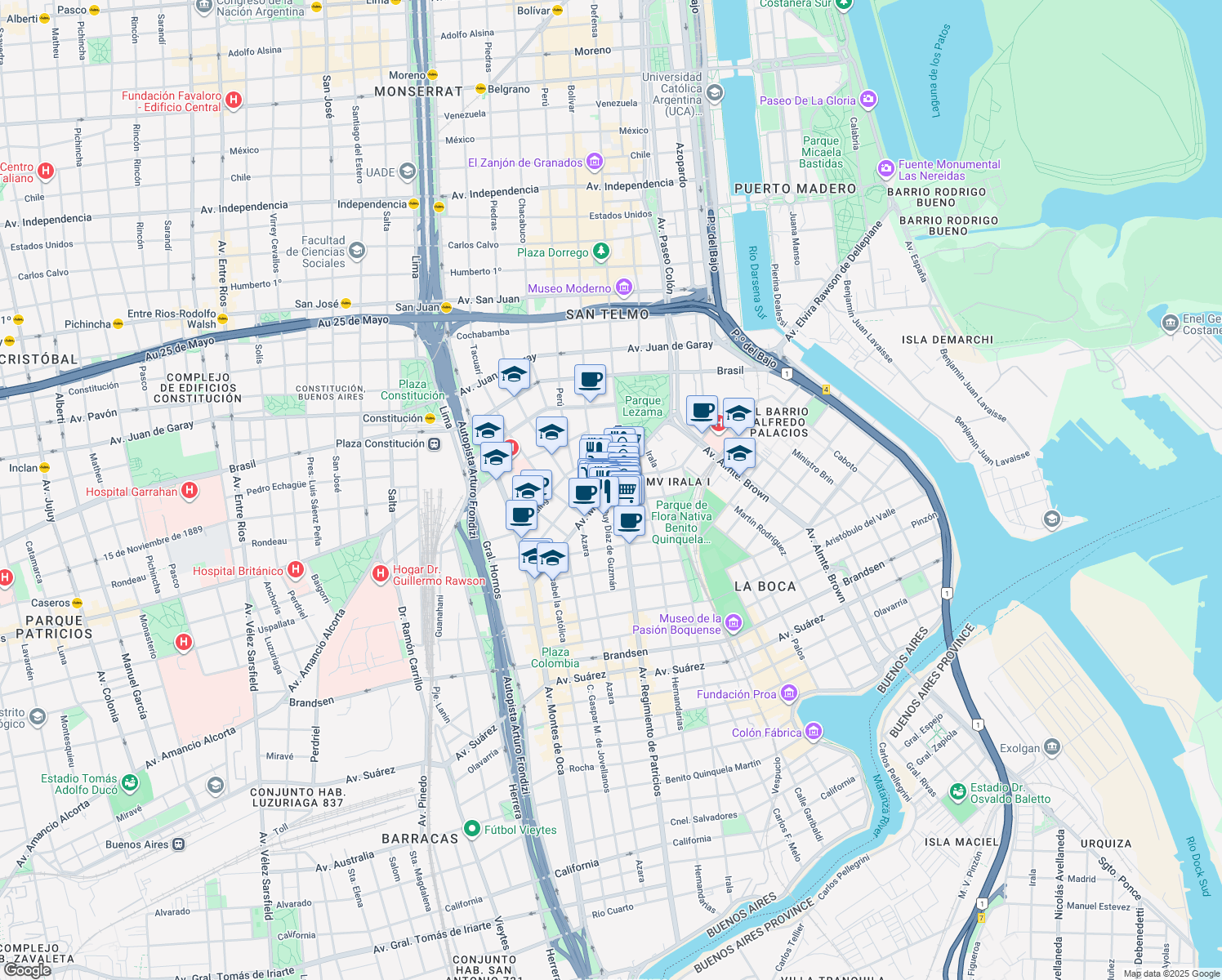 map of restaurants, bars, coffee shops, grocery stores, and more near 464 Avenida Martín García in Comuna 4