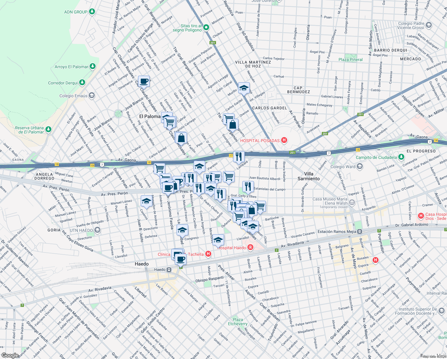 map of restaurants, bars, coffee shops, grocery stores, and more near 1200 Lambaré in El Palomar