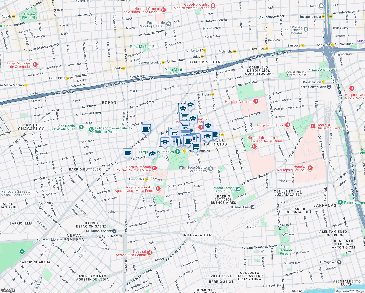 map of restaurants, bars, coffee shops, grocery stores, and more near 3039 Avenida Caseros in Buenos Aires