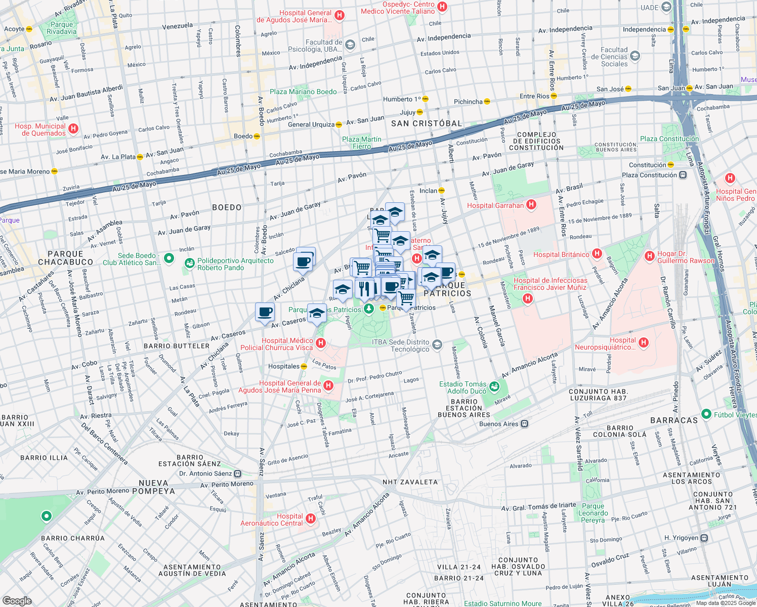 map of restaurants, bars, coffee shops, grocery stores, and more near 3039 Avenida Caseros in Buenos Aires