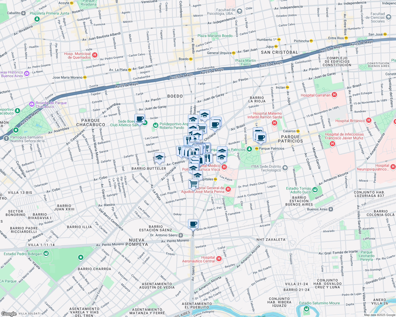 map of restaurants, bars, coffee shops, grocery stores, and more near 3572 Avenida Caseros in AAR