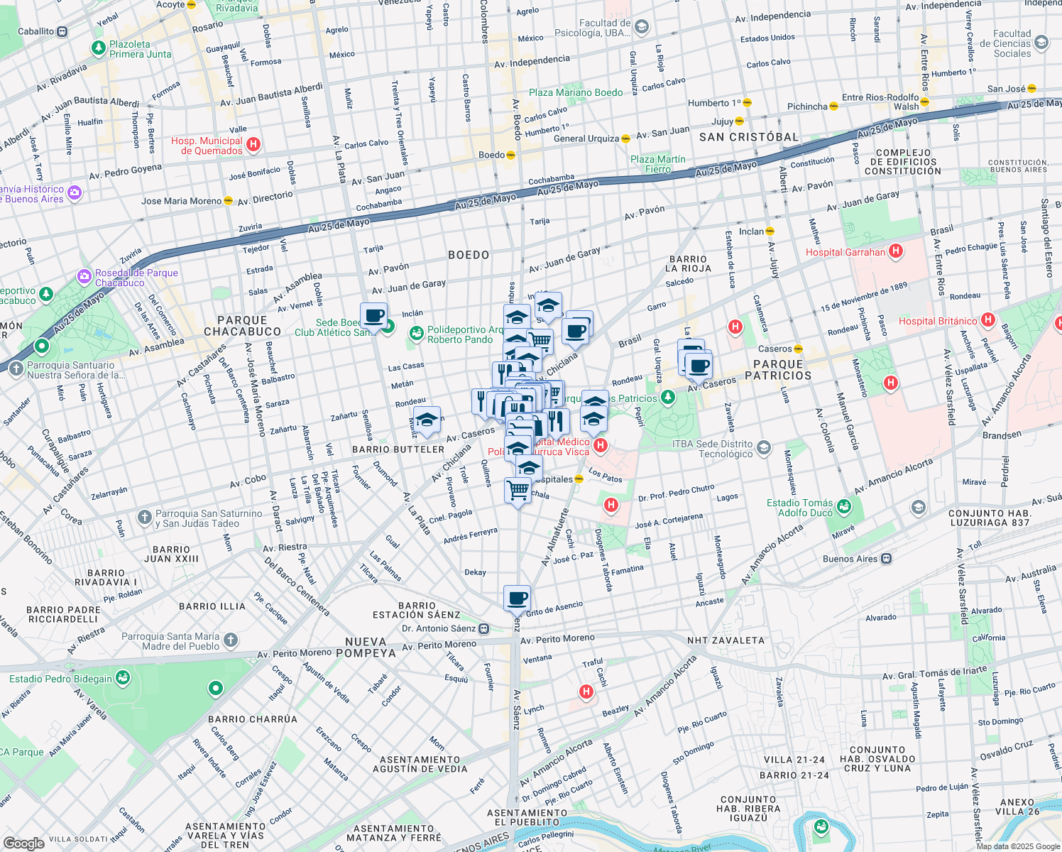 map of restaurants, bars, coffee shops, grocery stores, and more near 3572 Avenida Caseros in AAR