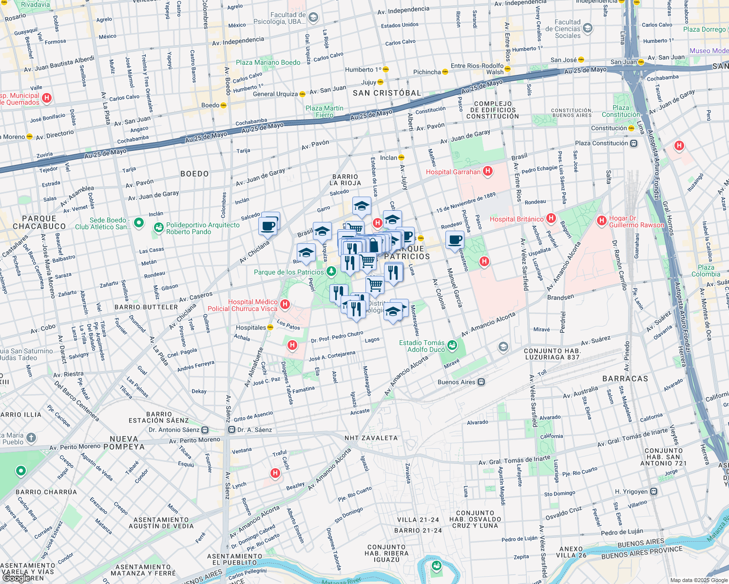 map of restaurants, bars, coffee shops, grocery stores, and more near 2953 Uspallata in Comuna 4