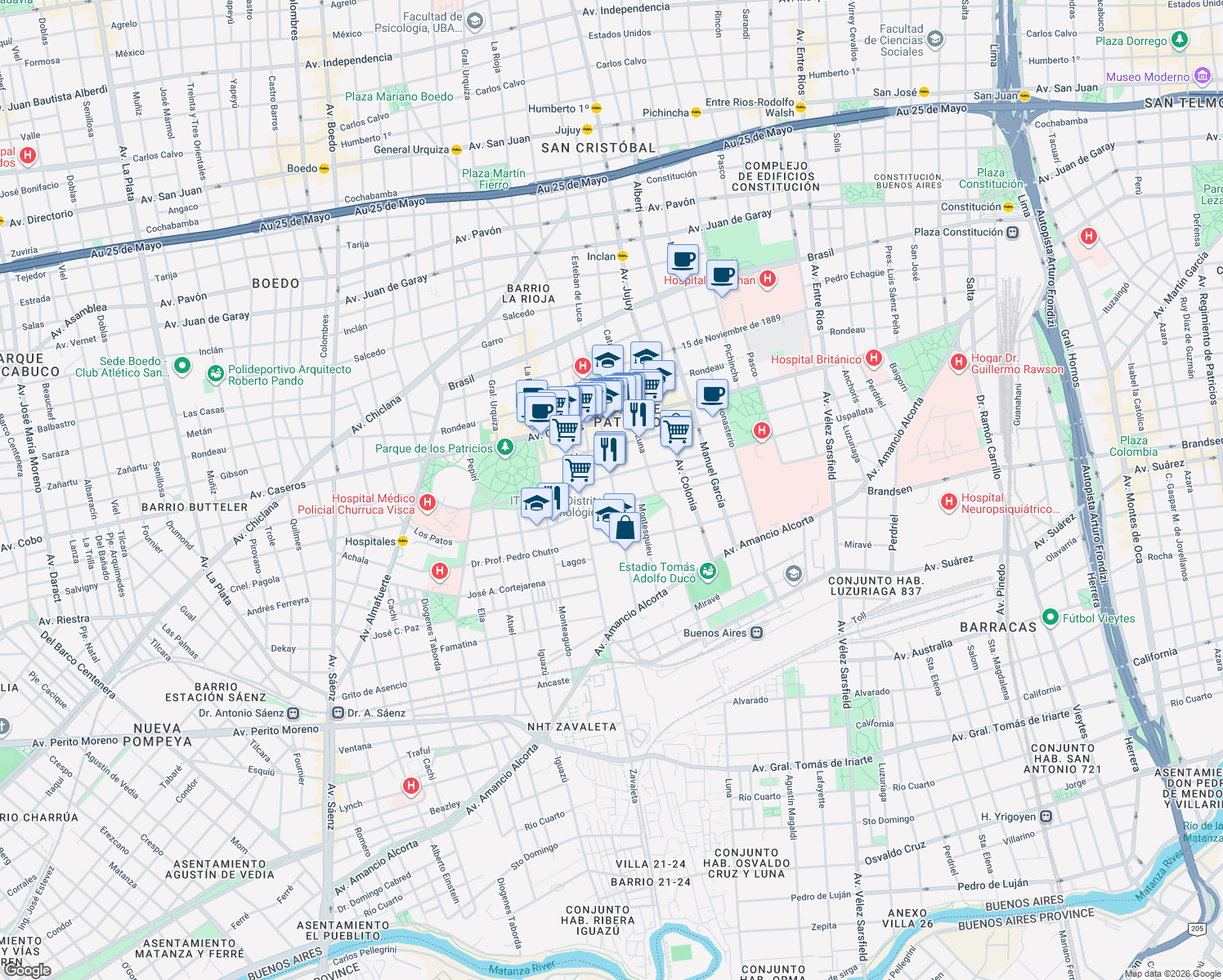 map of restaurants, bars, coffee shops, grocery stores, and more near 247 Lavardén in Buenos Aires