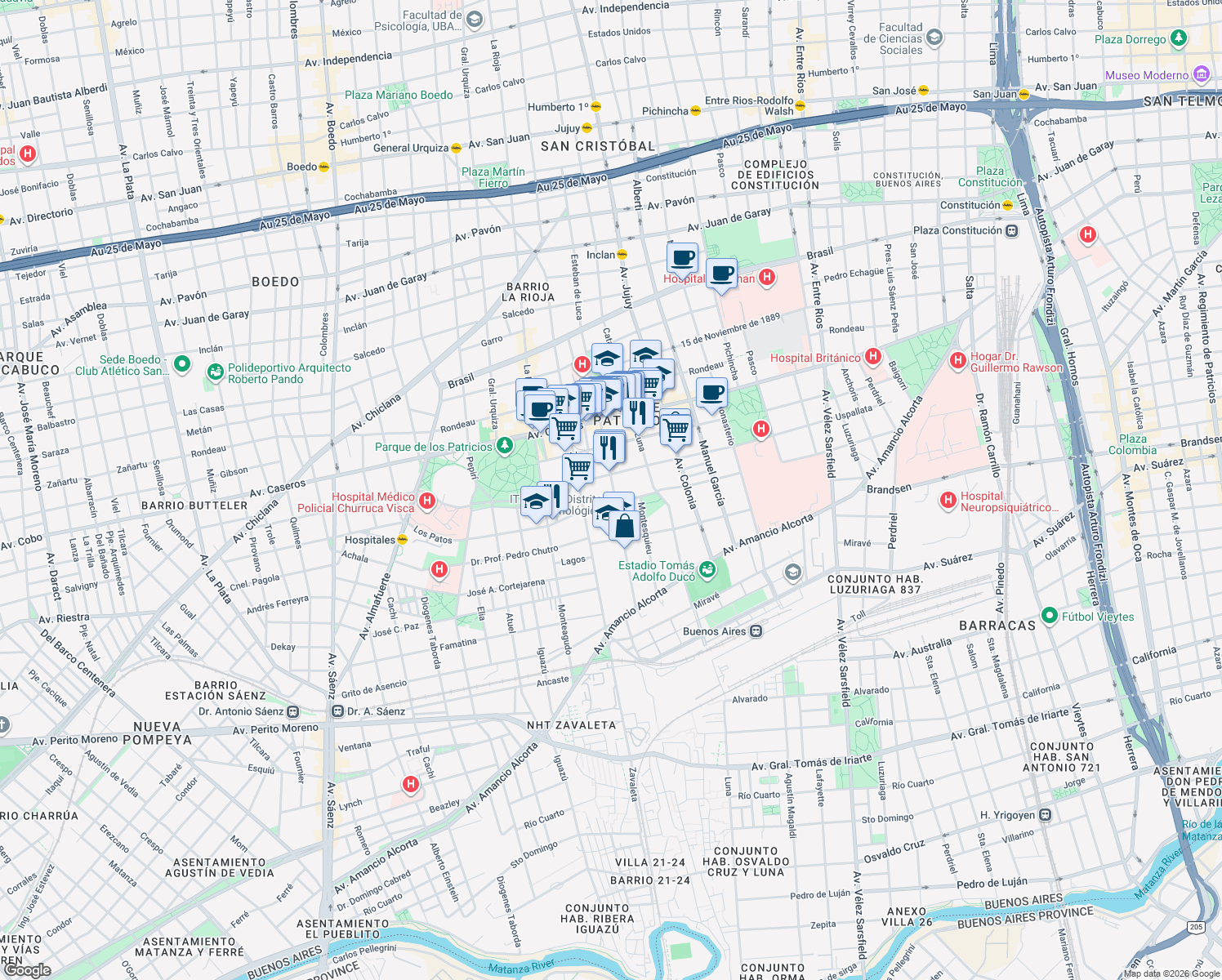 map of restaurants, bars, coffee shops, grocery stores, and more near 247 Lavardén in Buenos Aires