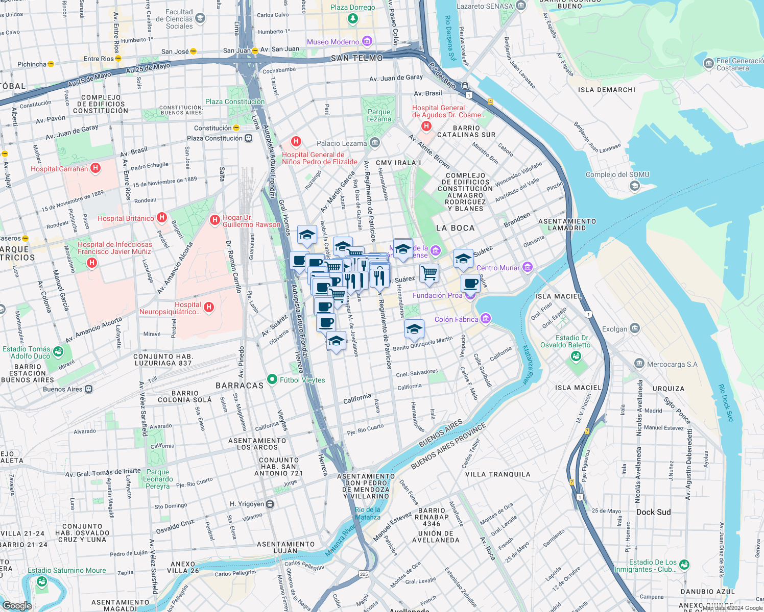 map of restaurants, bars, coffee shops, grocery stores, and more near Av Regimiento de Patricios in Buenos Aires