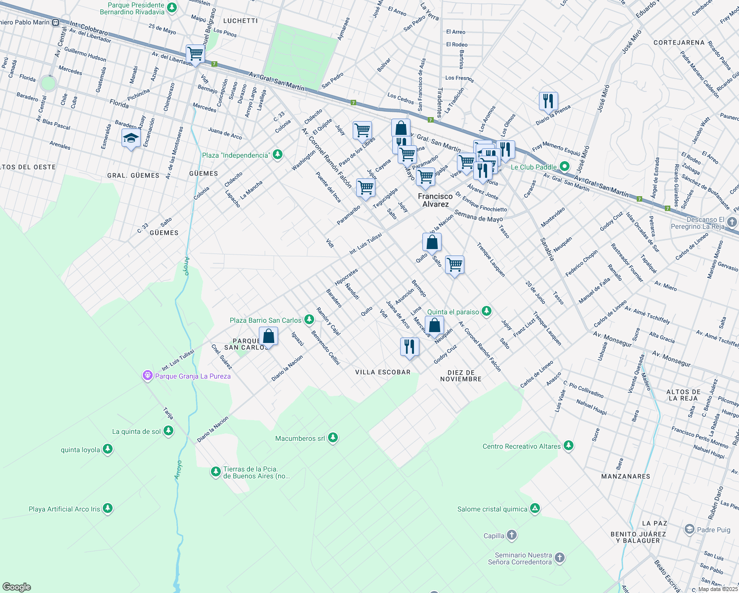 map of restaurants, bars, coffee shops, grocery stores, and more near in Francisco Alvarez
