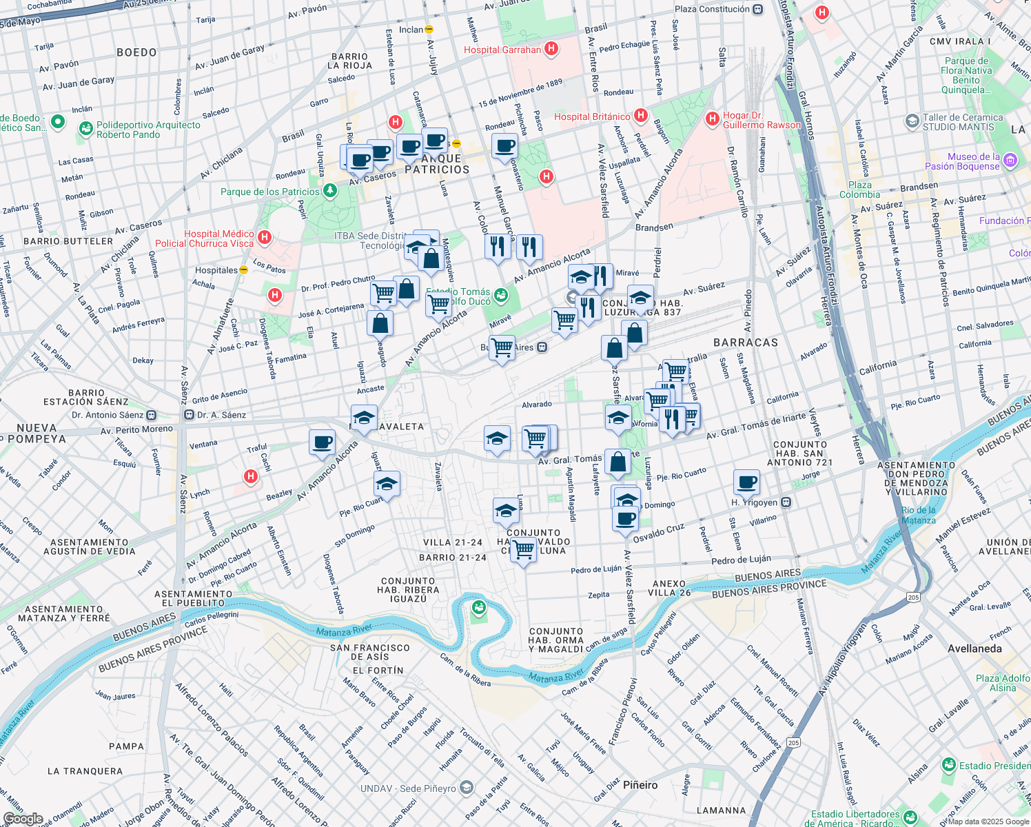map of restaurants, bars, coffee shops, grocery stores, and more near Luna in Buenos Aires